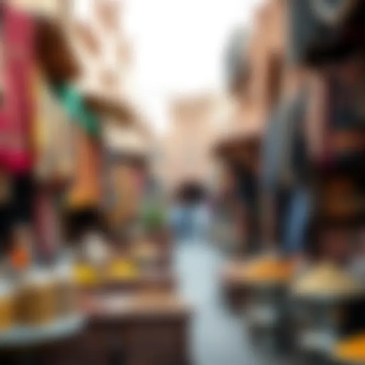 Vibrant scene of a traditional souk in Dubai with colorful textiles and spices