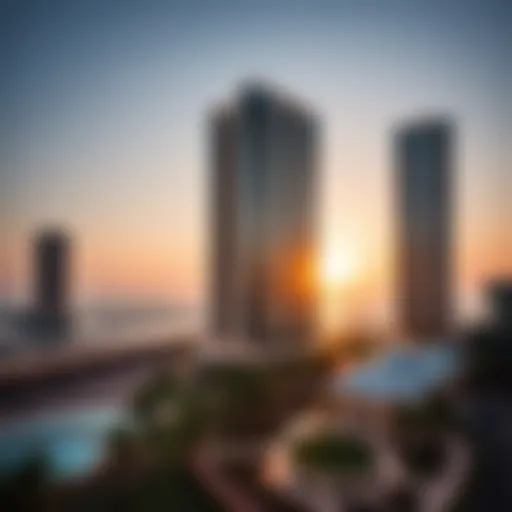 Stunning Architectural Elegance of Ajman Creek Towers Panoramic view of Ajman Creek Towers showcasing its architectural elegance