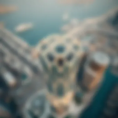 Aerial view of the Amber Tower showcasing its unique architecture