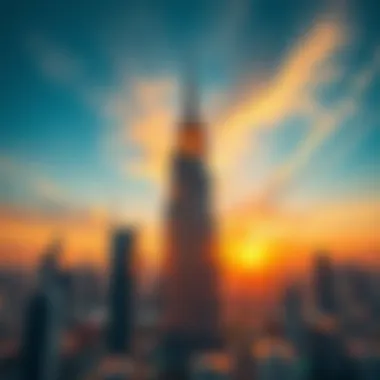 Panoramic skyline view featuring Amber Tower at sunset