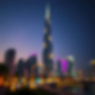 Vibrant evening view of Burj Crown illuminated against the backdrop of a bustling city