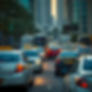 Dynamic Transportation Landscape in Dubai A bustling Dubai street filled with taxis