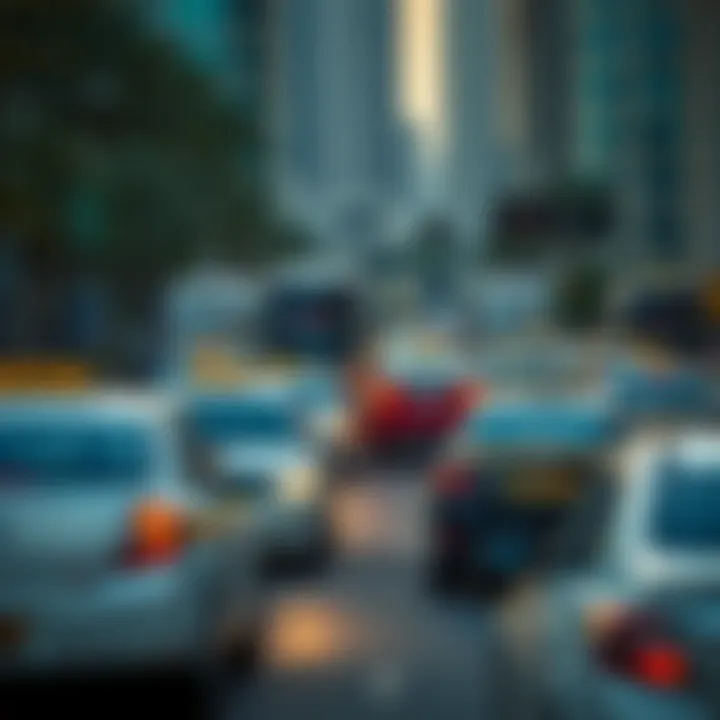Dynamic Transportation Landscape in Dubai A bustling Dubai street filled with taxis