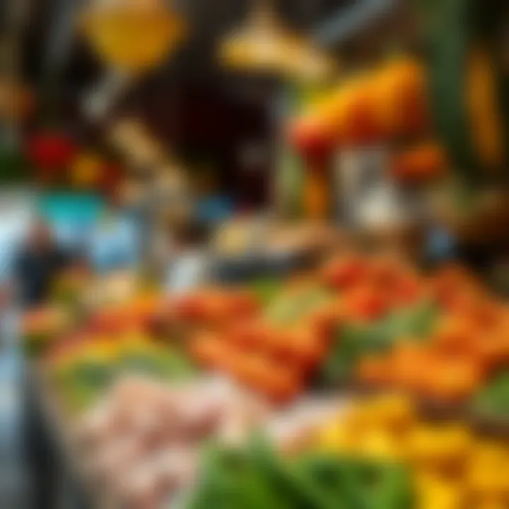 A colorful market scene featuring fresh ingredients