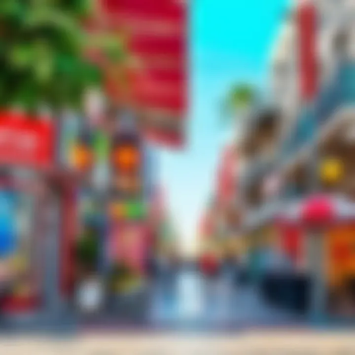 Vibrant streets filled with shops and cafes in a busy district