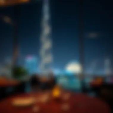 Illuminated Burj Khalifa Viewed from a Nighttime Dining Venue Nighttime view of Burj Khalifa illuminated from a dining venue