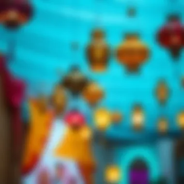 Vibrant Eid decorations featuring colorful lanterns and textiles