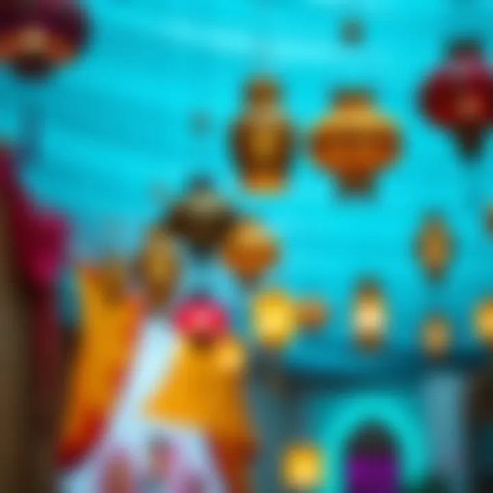 Vibrant Eid decorations featuring colorful lanterns and textiles