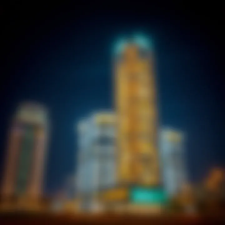 Night view of Emaar Square Building Six illuminated against the Dubai skyline