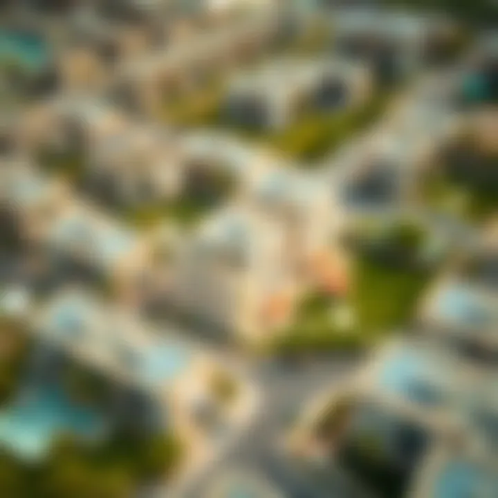 Aerial View of Affordable Dubai Neighborhood Aerial view of an affordable neighborhood in Dubai showcasing residential buildings and amenities.