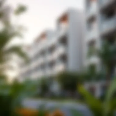 Modern Apartments in Budget-Friendly Dubai Area Modern apartments in Dubai's budget-friendly area surrounded by greenery.