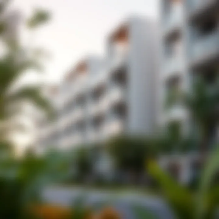 Modern Apartments in Budget-Friendly Dubai Area Modern apartments in Dubai's budget-friendly area surrounded by greenery.