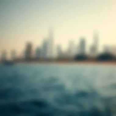 Dubai Skyline from Al Reem Beach The skyline of Dubai observed from Al Reem Beach, highlighting urban development