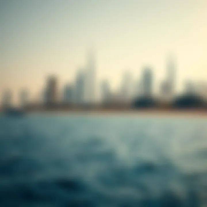 Dubai Skyline from Al Reem Beach The skyline of Dubai observed from Al Reem Beach, highlighting urban development