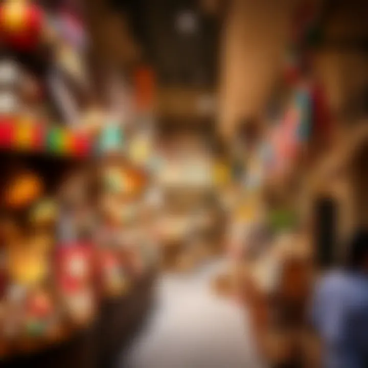 A vibrant market scene displaying a variety of local crafts and souvenirs