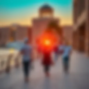 Visitors enjoying a leisurely stroll along the Al Seef promenade at sunset