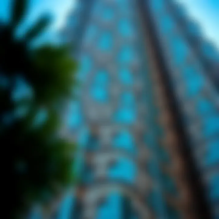 Intricate Facade of DXB Tower A close-up shot highlighting the intricate details of the DXB Tower's facade.