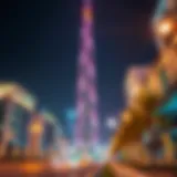 A stunning view of the DXB Tower illuminated at night, showcasing its unique architectural design.