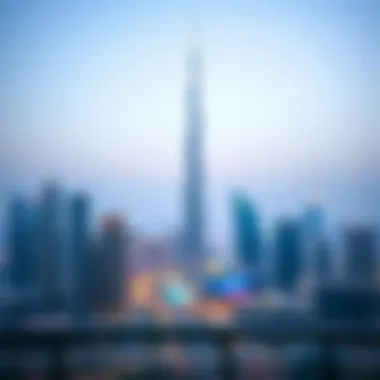 Dubai Skyline Featuring DXB Tower A panoramic view of the Dubai skyline featuring the DXB Tower as a focal point.