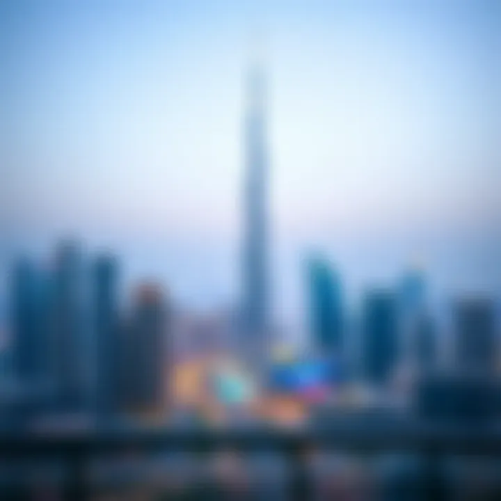 Dubai Skyline Featuring DXB Tower A panoramic view of the Dubai skyline featuring the DXB Tower as a focal point.