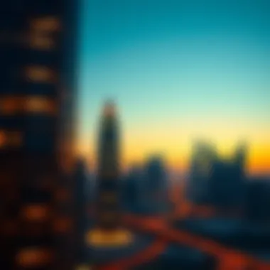 Sunset View of C2 Bateen Tower Sunset view of C2 Bateen Tower illuminated against the Dubai skyline