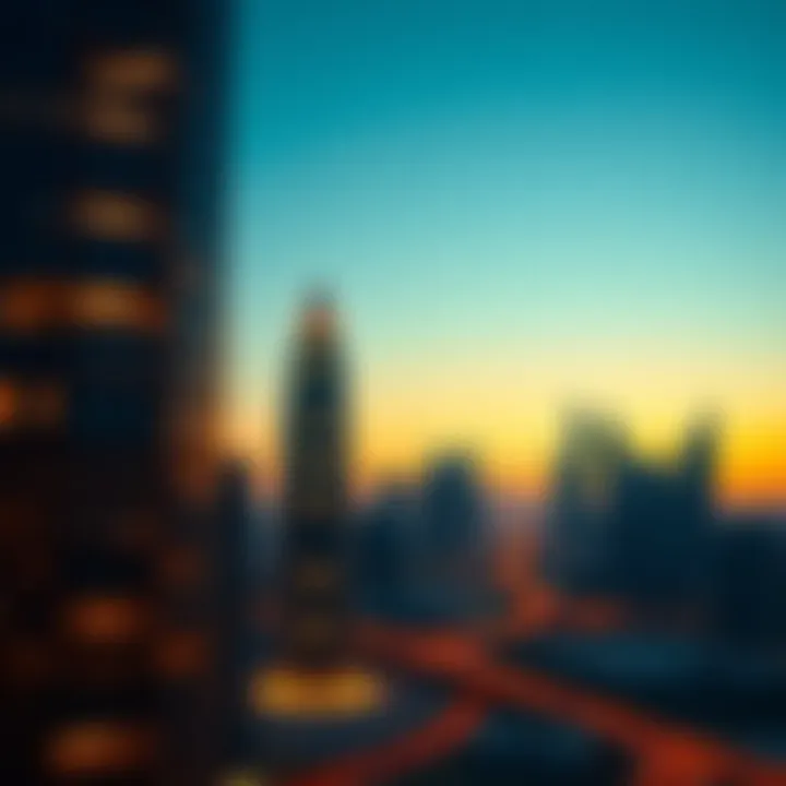 Sunset View of C2 Bateen Tower Sunset view of C2 Bateen Tower illuminated against the Dubai skyline