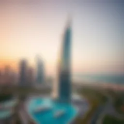 Aerial view of Creek Tower showcasing its innovative design against the Dubai skyline
