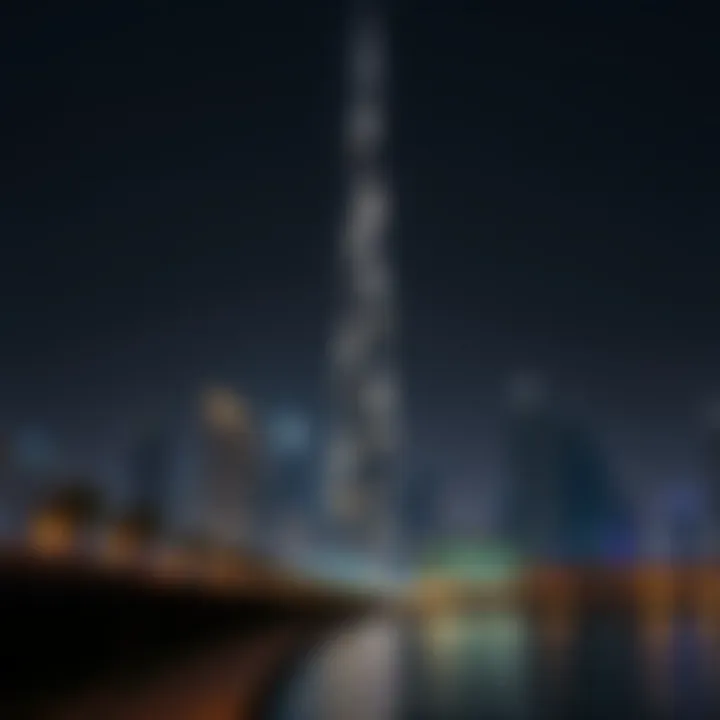 Night view of Creek Tower lit up, highlighting its modern aesthetic