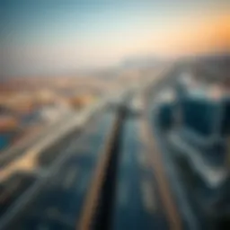 Aerial view of the Dubai to Abu Dhabi metro route with skyline