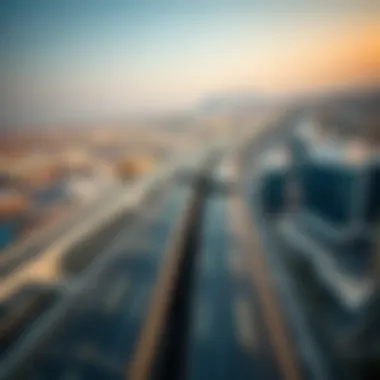 Aerial Perspective of Metro Route Aerial view of the Dubai to Abu Dhabi metro route with skyline