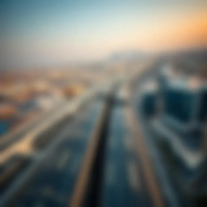 Aerial Perspective of Metro Route Aerial view of the Dubai to Abu Dhabi metro route with skyline