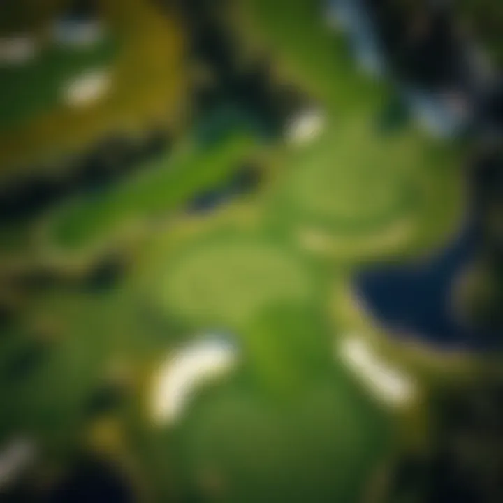 Aerial shot of a luxurious golf course with lush green fairways and water features