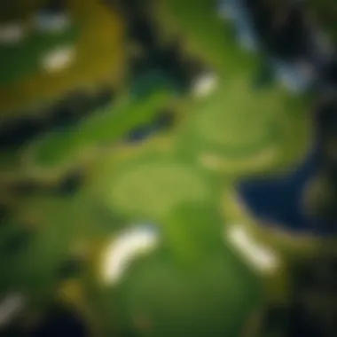 Luxurious Golf Course Aerial View Aerial shot of a luxurious golf course with lush green fairways and water features