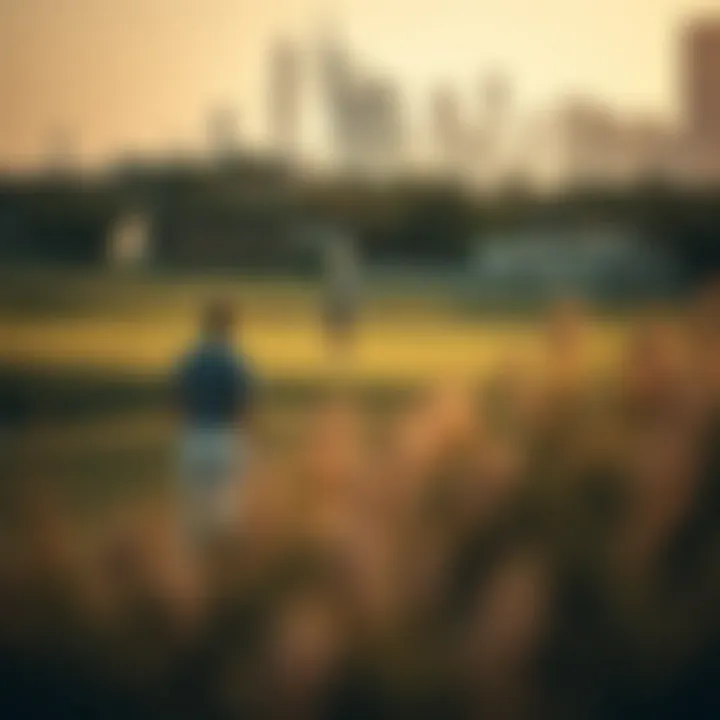 Golfers enjoying a round on a challenging course against a backdrop of Dubai's skyline