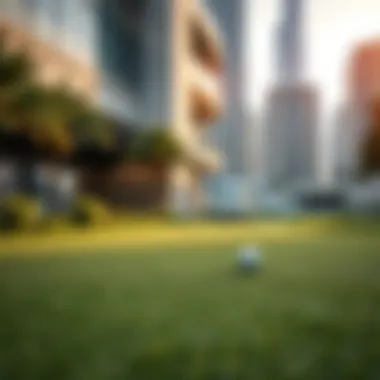 Manicured Putting Green with Modern Architecture Close-up of a beautifully manicured putting green surrounded by modern architecture