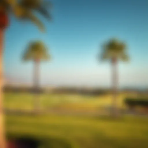 Stunning view of an iconic golf course in Dubai featuring palm trees and city skyline