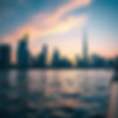 Waterfront View of Dubai's Skyline Stunning waterfront view showcasing Dubai's skyline at sunset