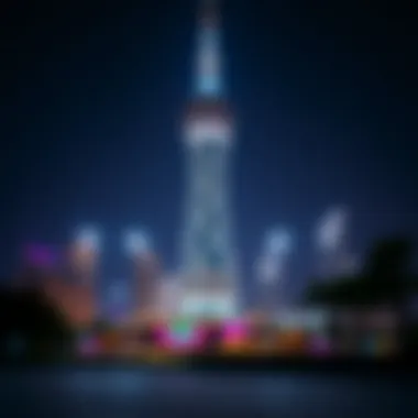 Night view of Pearl Tower illuminated with vibrant lights