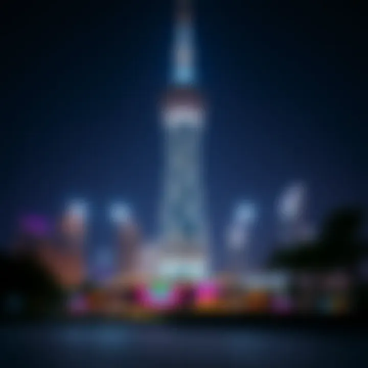 Night view of Pearl Tower illuminated with vibrant lights