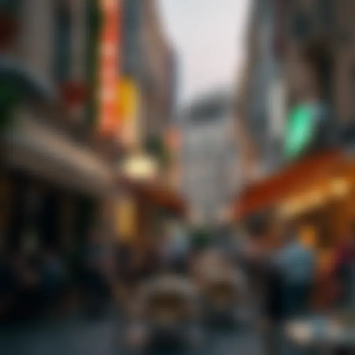 A vibrant Dubai street showcasing various dining options