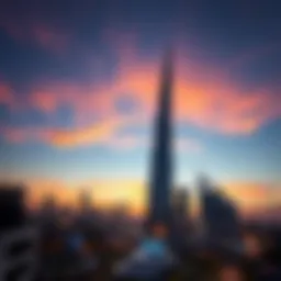 Stunning view of برج المستقبل دبي against the sunset