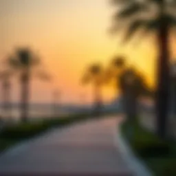 Scenic view of a Dubai promenade at sunset with palm trees