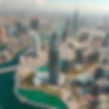 Aerial view of the Global Lake View Tower surrounded by Dubai skyline