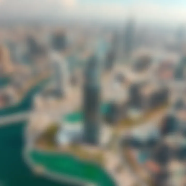 Aerial view of the Global Lake View Tower surrounded by Dubai skyline