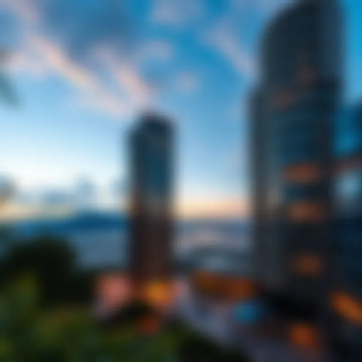 Stunning view of the Global Lake View Tower at sunset