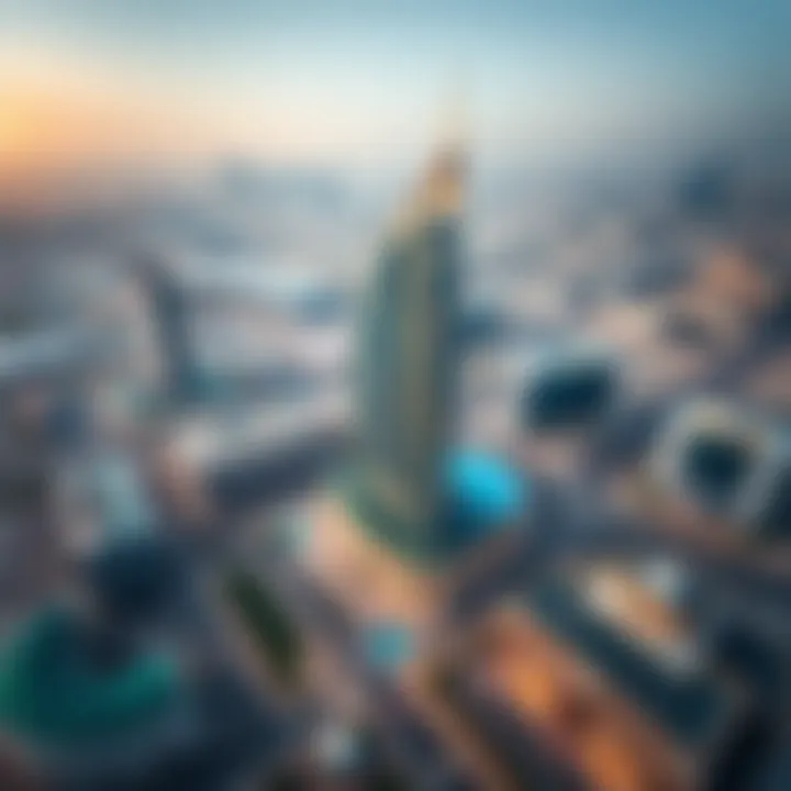 Aerial View of Grand Avenue and Dubai's Skyline Aerial perspective of the Grand Avenue Building and its surroundings in Dubai