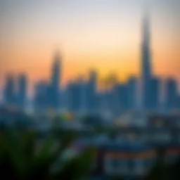 A serene view of the Dubai skyline during sunset, symbolizing the time for Iftar.