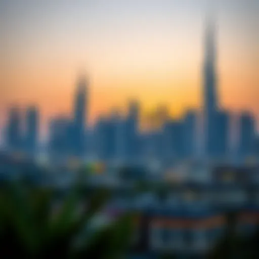 A serene view of the Dubai skyline during sunset, symbolizing the time for Iftar.