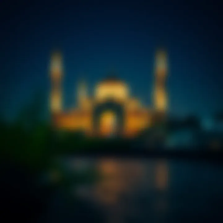 A tranquil scene of a mosque illuminated at night, representing the essence of Ramadan.