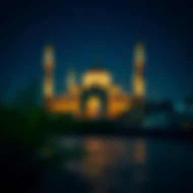 Mosque Illuminated During Ramadan A tranquil scene of a mosque illuminated at night, representing the essence of Ramadan.